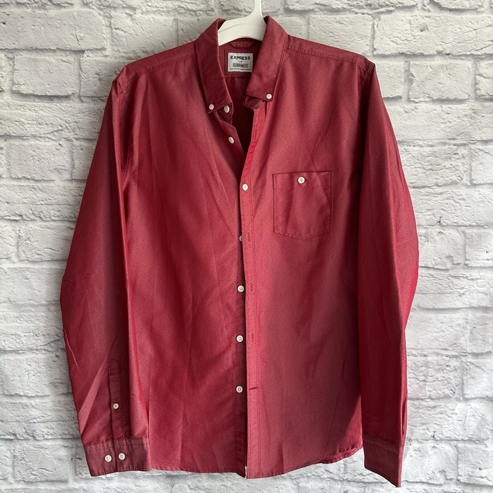 Express Contrast Fitted Shiny Red Button-Down Shi… - image 1